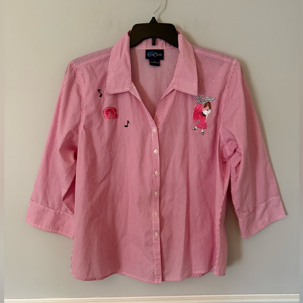 Las Olas red & white stripe at the hop 50’s theme button shirt. XL